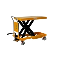 Vue de 3/4 arrière de la table élévatrice manuelle 1500kg - plateau haut
