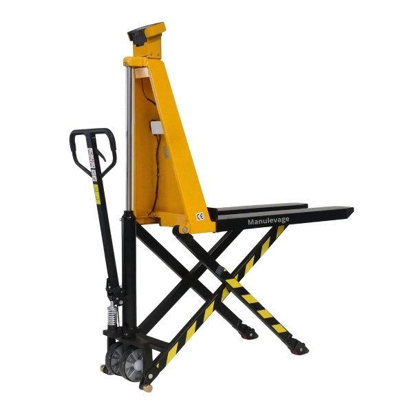Transpalette peseur manuel haute levée monocylindre 1500 kg